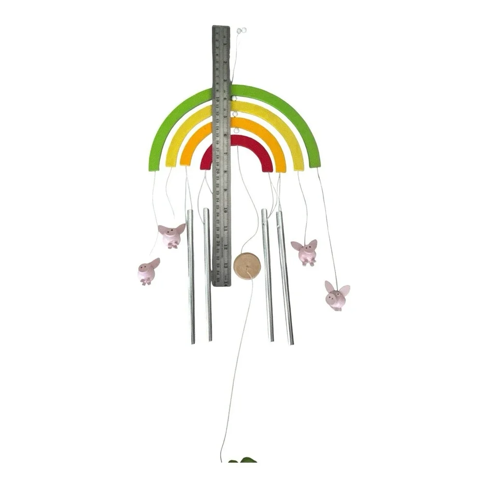Rainbow Pig Wind Chime Wooden Whimsical Garden Decor Shamrock Lucky Clover